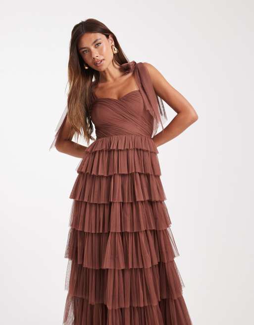 Lace & Beads Bridesmaid bow shoulder lace tulle maxi dress in rose brown