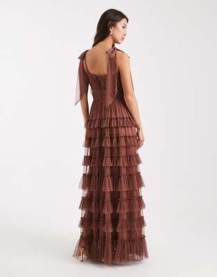 Lace & Beads Bridesmaid Bow Shoulder Lace Tulle Maxi Dress In Brown