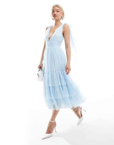 Lace & Beads Bridesmaid bow shoulder tiered midi dress in powder blue - view 1