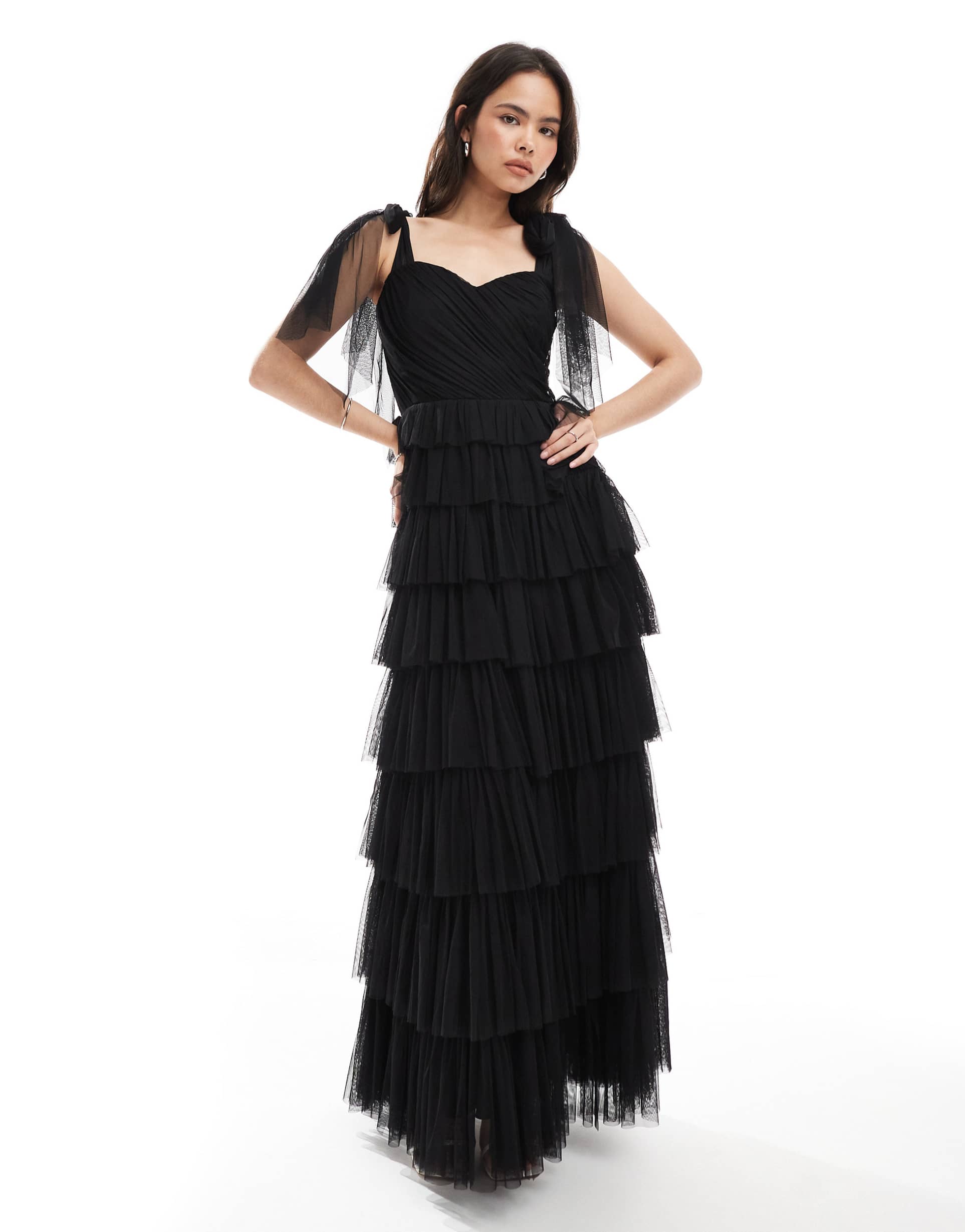 lace & beads bridesmaid bow shoulder tulle maxi dress in black