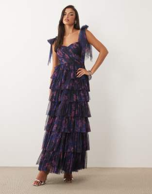 Lace & Beads Bridesmaid Bow Shoulder Tulle Maxi Dress In Multi