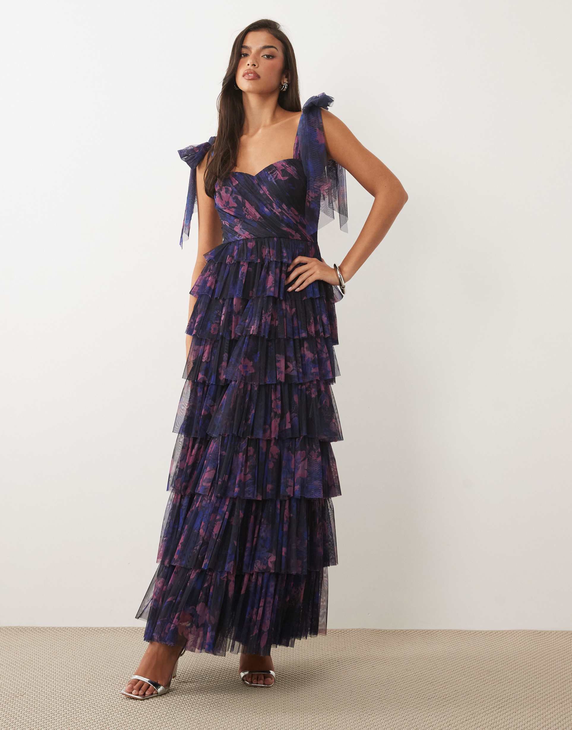 lace & beads bridesmaid bow shoulder tulle maxi dress in dark blue floral
