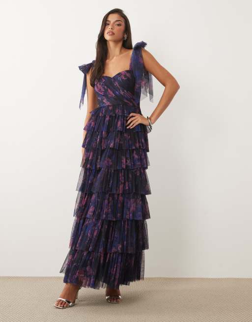 asos design premium tulle maxi prom dress with ribbon ties Lace & Beads Bridesmaid bow shoulder tulle maxi dress in dark blue floral