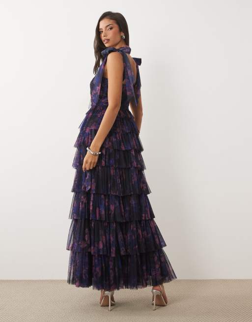 Lace & Beads Bridesmaid bow shoulder tulle maxi dress in dark blue floral, 3 of 4