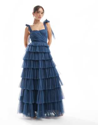 Lace & Beads Bridesmaid bow shoulder tulle maxi dress in deep blue - view 1