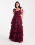 [Lace & Beads] Lace & Beads Bridesmaid bow shoulder tulle maxi dress in fig-Purple 8 Fig
