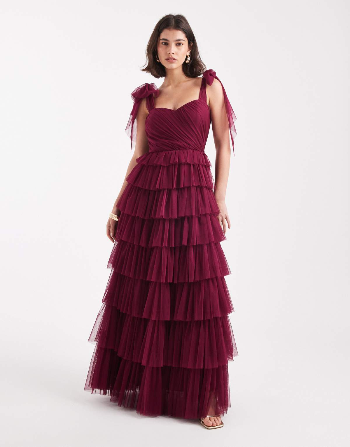 Lace & Beads Bridesmaid bow shoulder tulle maxi dress in fig