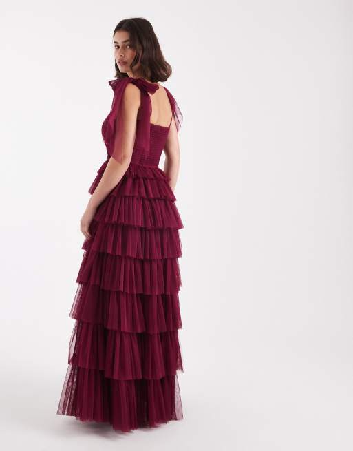 Lace & Beads Bridesmaid bow shoulder tulle maxi dress in fig, 2 of 4