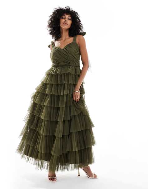 Lace & Beads Bridesmaid bow shoulder tulle maxi dress in forest green - view 1