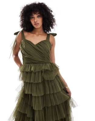 Lace & Beads Bridesmaid Bow Shoulder Tulle Maxi Dress In Green