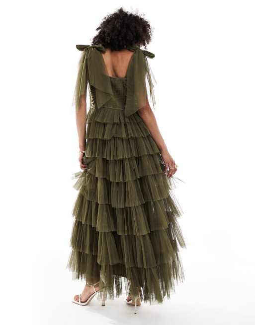 Lace & Beads Bridesmaid bow shoulder tulle maxi dress in forest green, 4 of 4