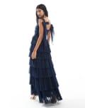 [Lace & Beads] Lace & Beads Bridesmaid bow shoulder tulle maxi dress in navy 10 Navy
