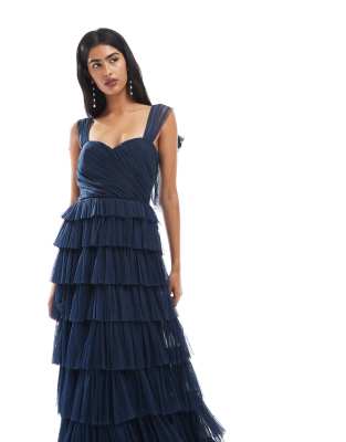 Lace & Beads Bridesmaid Bow Shoulder Tulle Maxi Dress In Blue