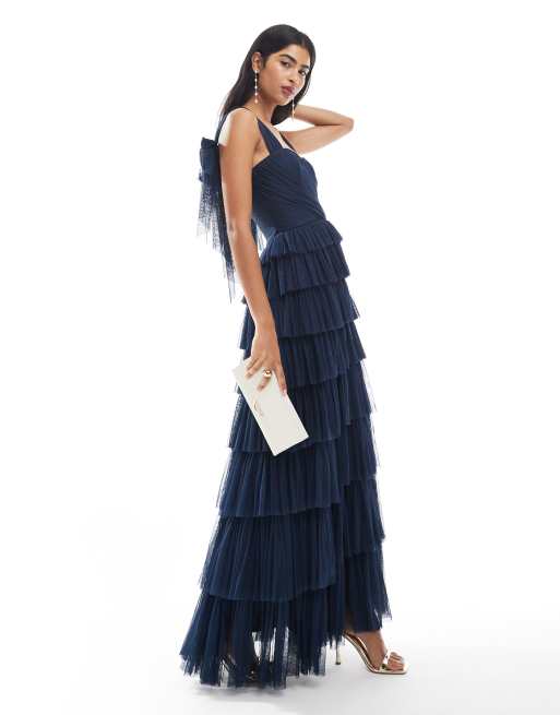 Lace & Beads Bridesmaid bow shoulder tulle maxi dress in navy, 3 of 4