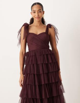 Lace & Beads Bridesmaid Bow Shoulder Tulle Maxi Dress In Red