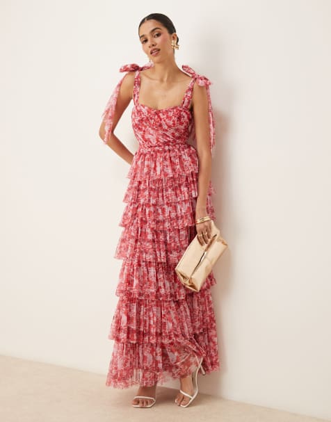 Lace & Beads Bridesmaid bow shoulder tulle maxi dress in red rose floral - view 1