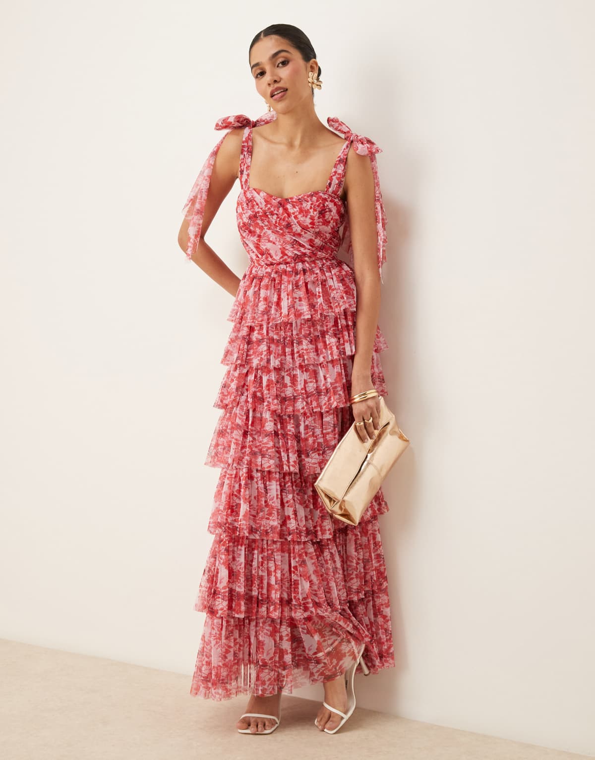 Lace & Beads Bridesmaid bow shoulder tulle maxi dress in red rose floral