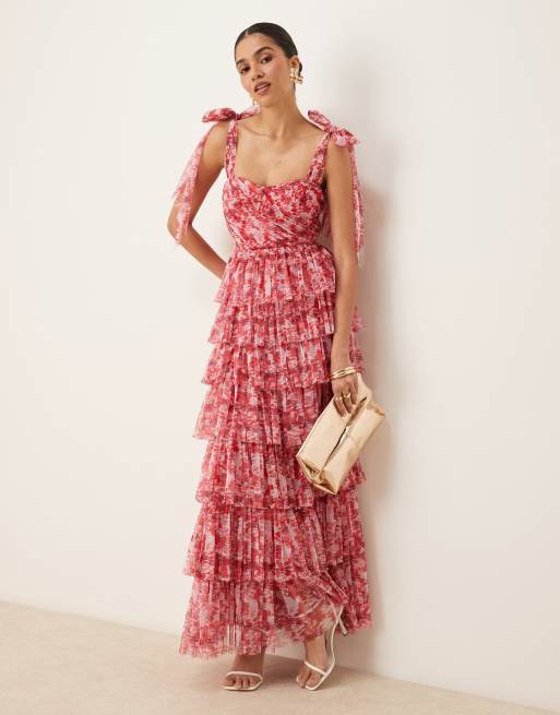 Lace & Beads Bridesmaid bow shoulder tulle maxi dress in red rose floral
