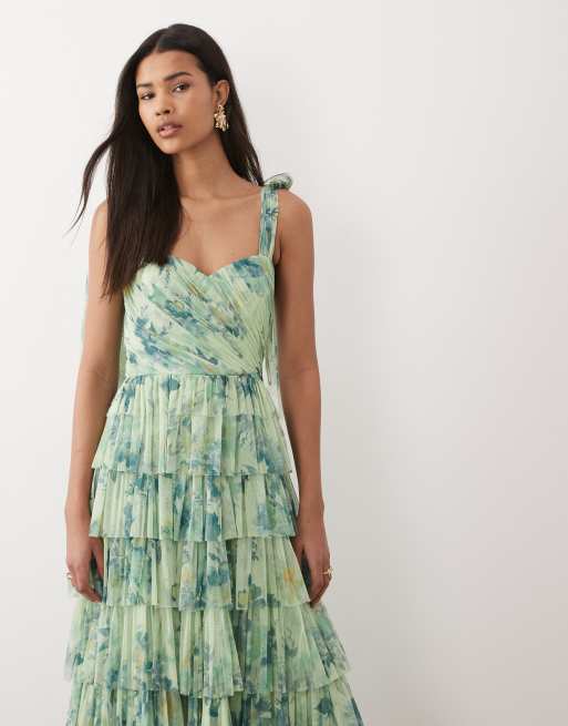 Lace & Beads Bridesmaid bow shoulder tulle maxi dress in sage green print, 2 of 4