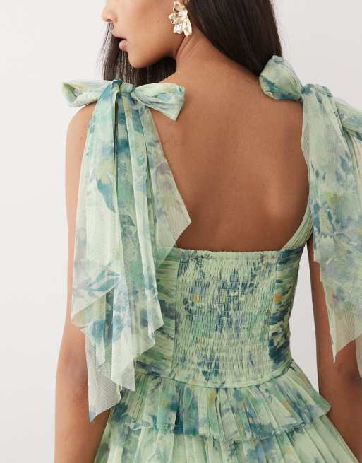 Lace & Beads Bridesmaid bow shoulder tulle maxi dress in sage green print, 3 of 4