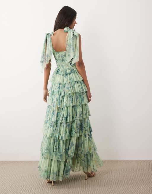 Lace & Beads Bridesmaid bow shoulder tulle maxi dress in sage green print, 4 of 4