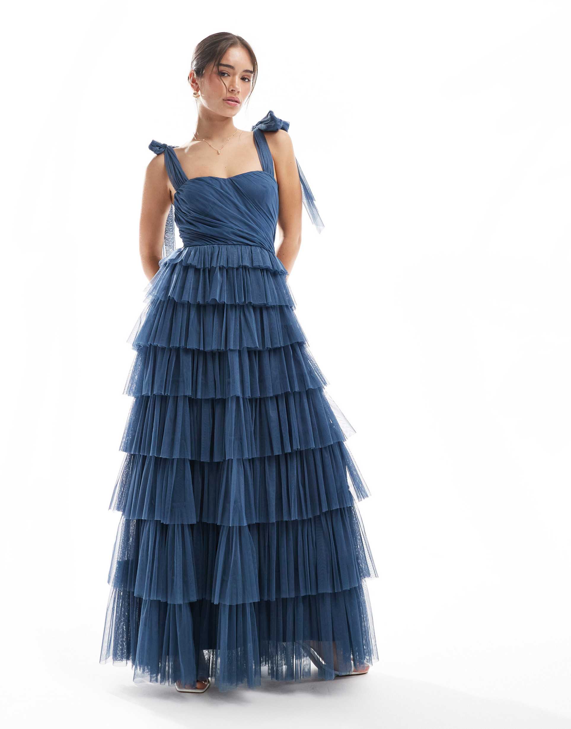 lace & beads bridesmaid bow shoulders tulle maxi dress in deep blue