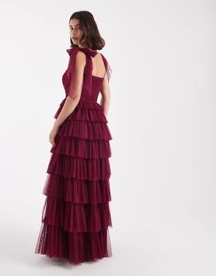 Lace & Beads Bridesmaid Bow Shoulders Tulle Maxi Dress In Purple