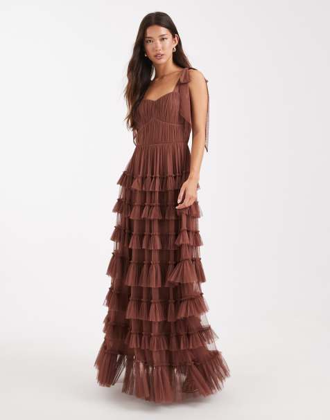 Lace & Beads Bridesmaid bow shoulders tulle maxi dress in rose brown - view 1