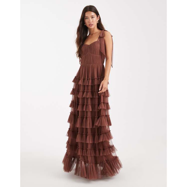 Lace & Beads Bridesmaid bow shoulders tulle maxi dress in Rose Brown