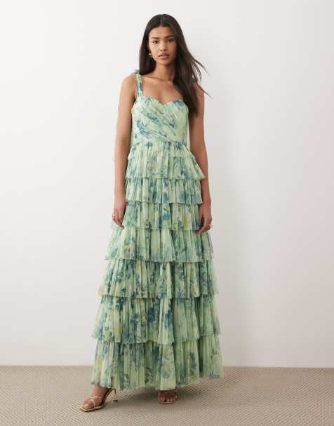 Lace & Beads Bridesmaid bow shoulders tulle maxi dress in sage green print - view 1