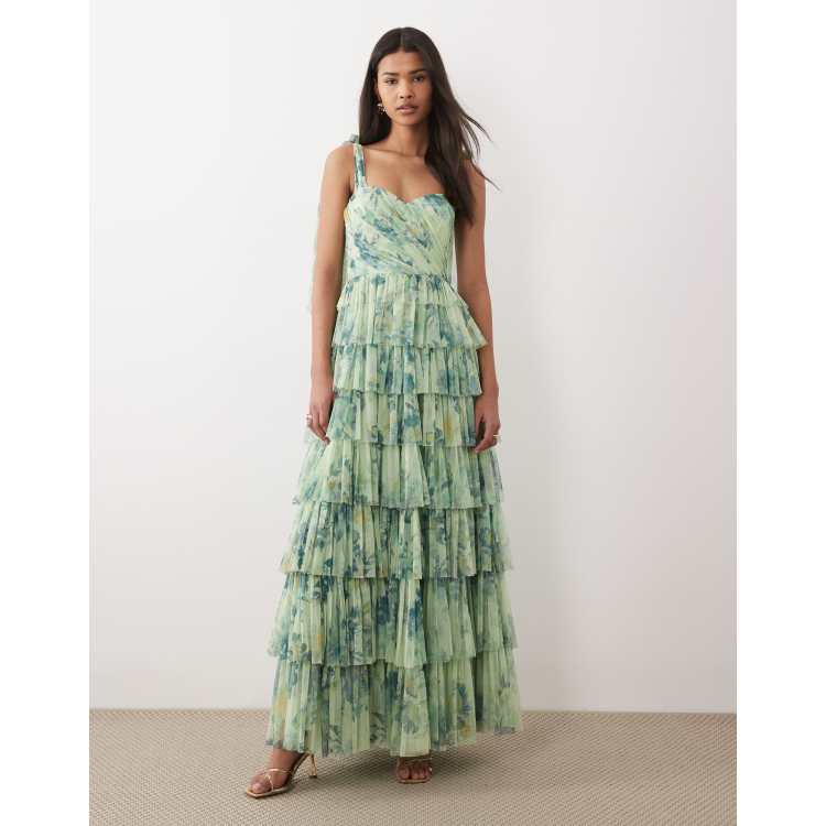 Lace & Beads Bridesmaid bow shoulders tulle maxi dress in sage green print  | ASOS