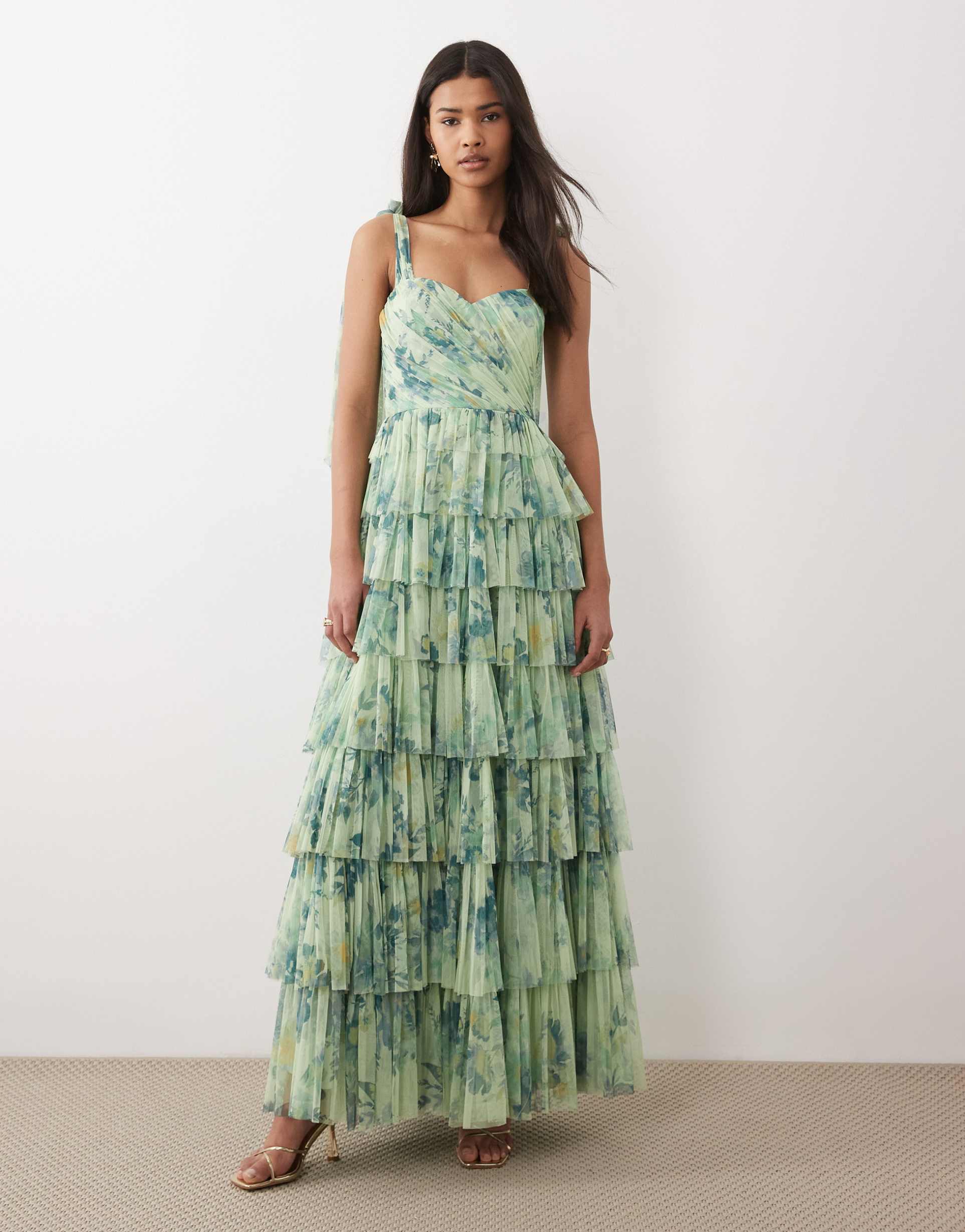 lace & beads bridesmaid bow shoulders tulle maxi dress in sage green print