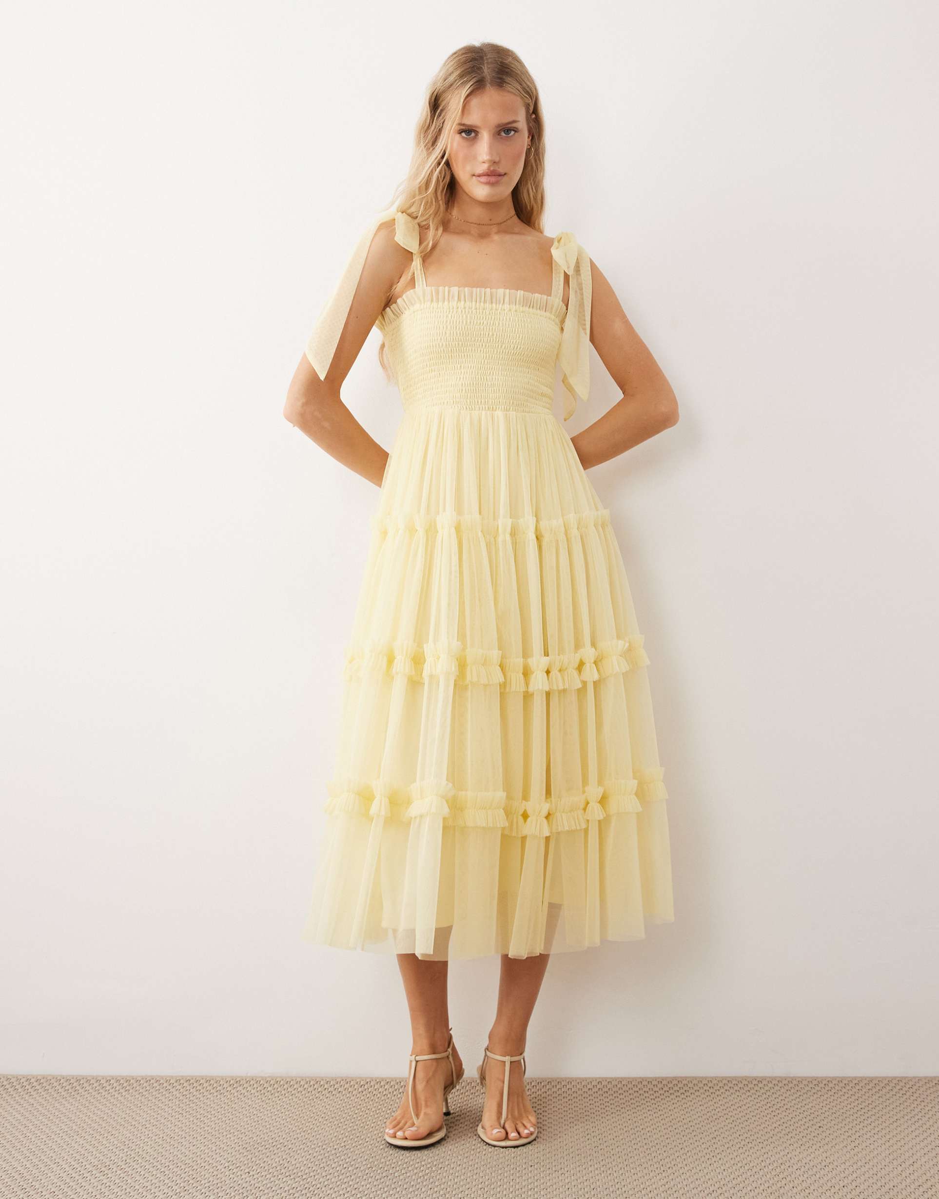 lace & beads bridesmaid bow shoulders tulle midi dress in lemon