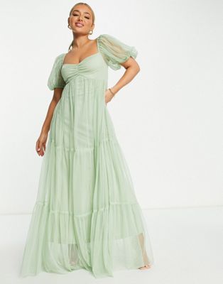 Lace & Beads Bridesmaid Charlotte puff sleeve & tulle dress in sage green - ASOS Price Checker
