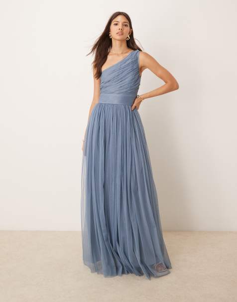 Lace & Beads Bridesmaid one shoulder tulle maxi dress in deep blue