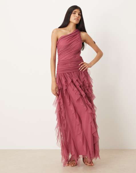 Lace & Beads Bridesmaid one shoulder waterfall ruffle maxi dress in orchid