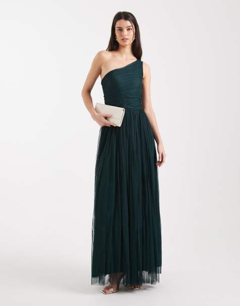 Lace & Beads Bridesmaid one shoulder maxi dress in forest green
