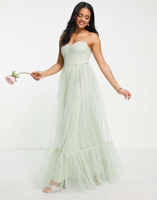 Lace Beads Bridesmaid corset tulle dress in sage green