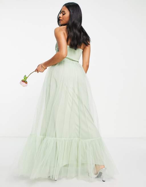 Lace Beads Bridesmaid corset tulle dress in sage green