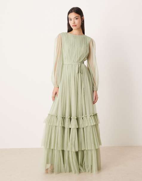 Lace & Beads Bridesmaid crew neck sheer sleeve tiered maxi dress in sage green - view 1
