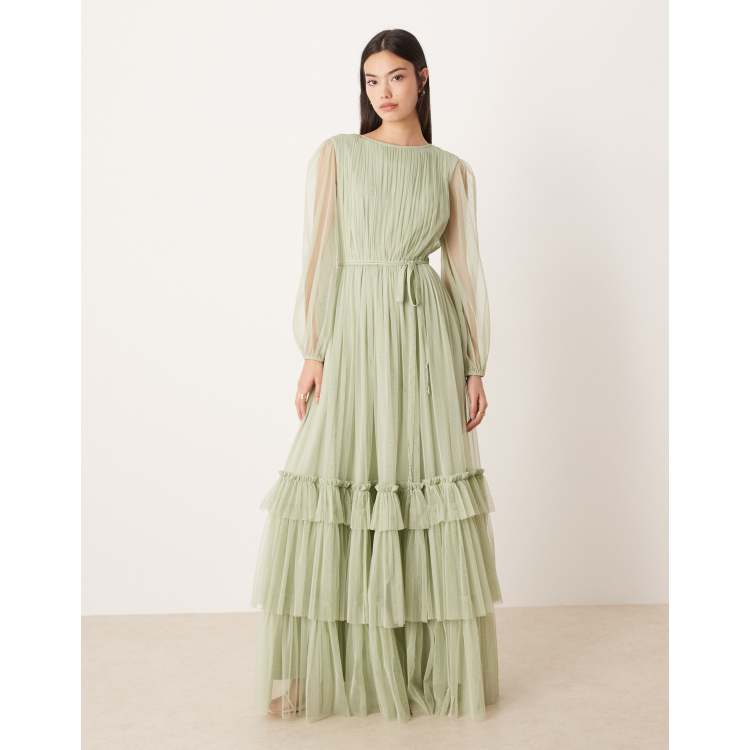 Lace & Beads Bridesmaid crew neck sheer sleeve tiered maxi dress in sage  green | ASOS