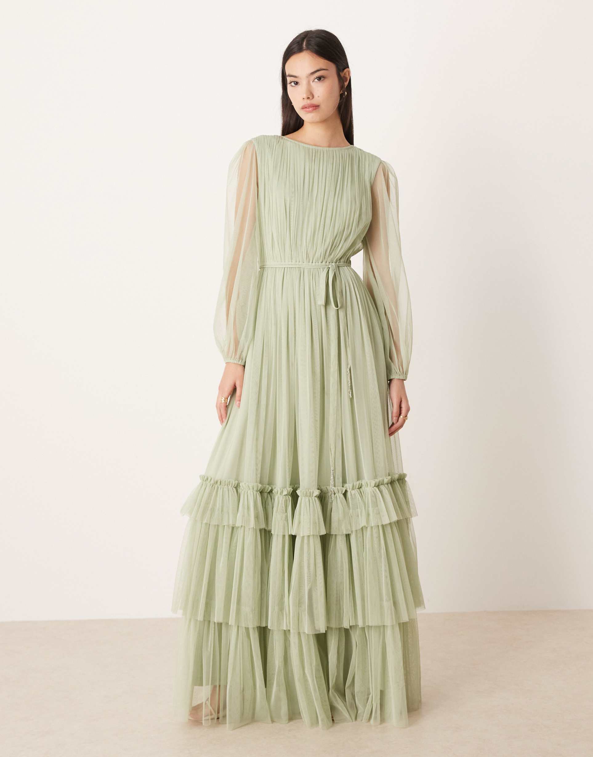 lace & beads bridesmaid crew neck sheer sleeve tiered maxi dress in sage green