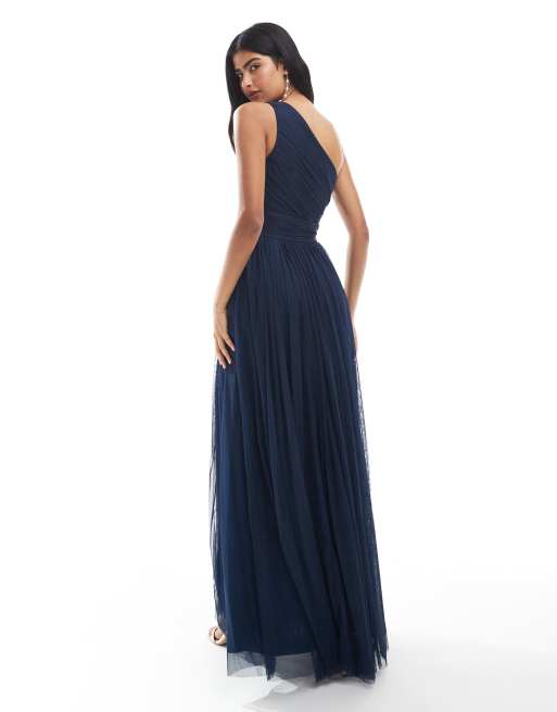Lace & Beads Bridesmaid – Granatowa sukienka maxi na jedno ramię, 3 z 4