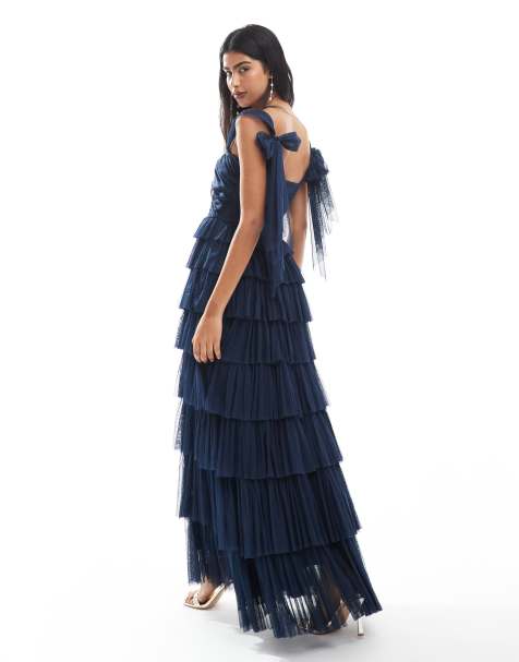 Lace & Beads Bridesmaid bow shoulder tulle maxi dress in navy