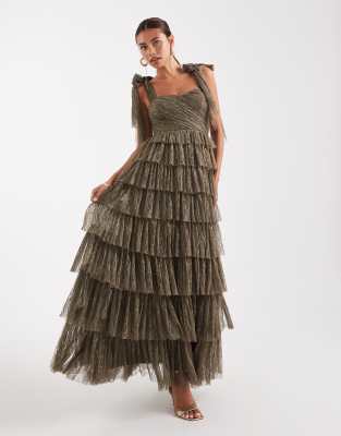 Lace & Beads Lace & Beads Bridesmaid lace bow shoulder tiered maxi dress in olive-Green