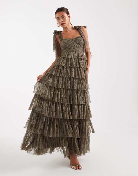 Lace & Beads Bridesmaid lace bow shoulder tiered maxi dress in olive - view 1