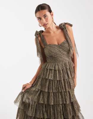 Lace & Beads Bridesmaid Lace Bow Shoulders Tiered Maxi Dress In Green