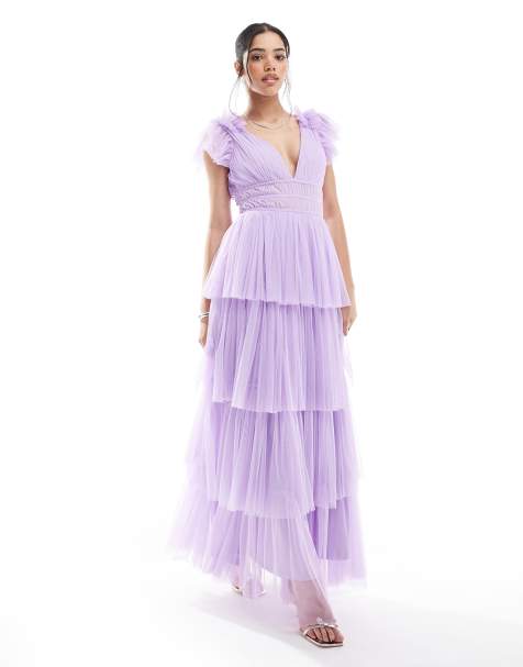 Lace & Beads Bridesmaid ruffle shoulder tulle maxi dress in lilac