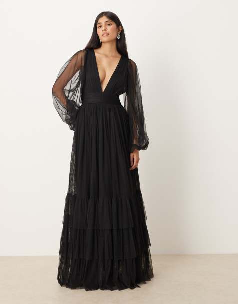 Lace & Beads Bridesmaid long sleeve maxi dress in black - view 1