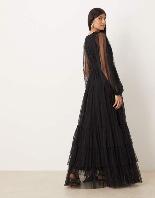 Lace & Beads Bridesmaid long sleeve maxi dress in black, 4 of 4